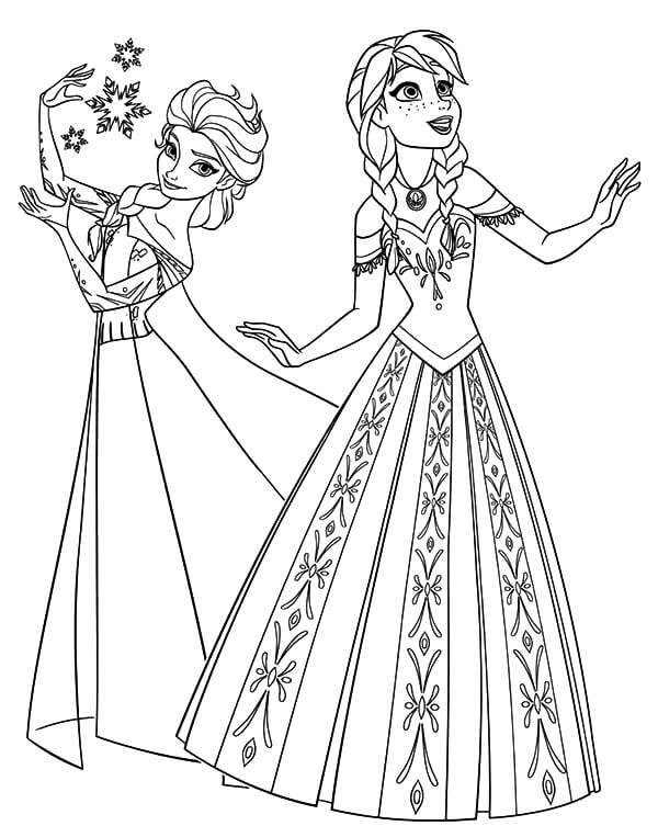 Dibujo de Elsa Anna Bailando y Cantando para Colorear