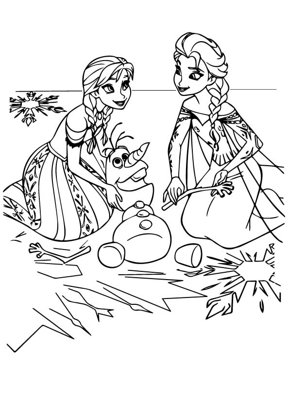 Dibujo de Anna y Elsa Construyendo a Olaf para Colorear