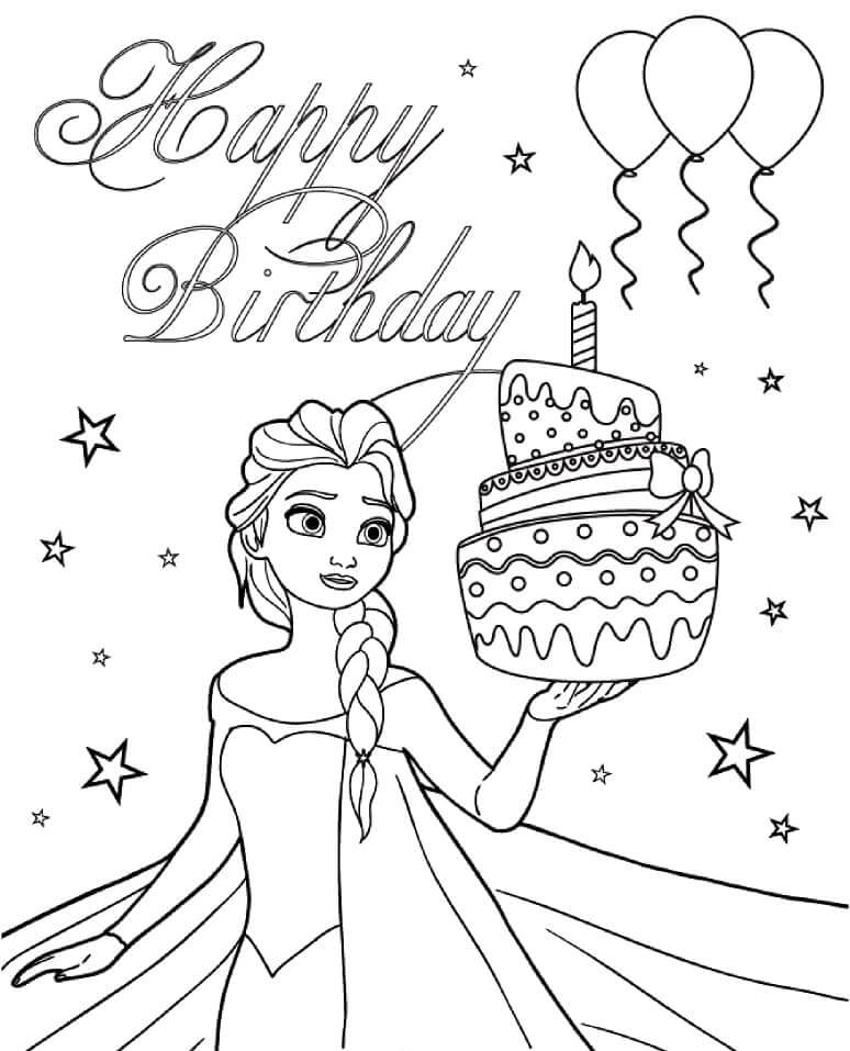 Dibujo de Elsa con Pastel de cumpleaños para Colorear