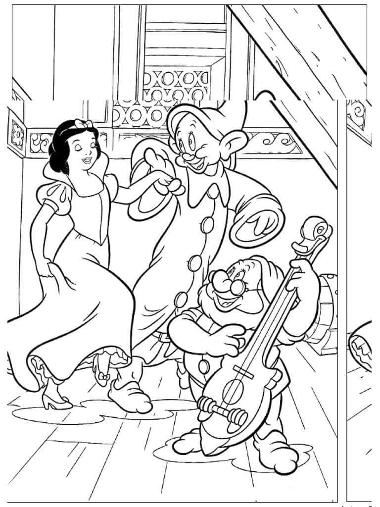 Dibujo de Blanco Como la Nieve y Dos Enanitos para Colorear