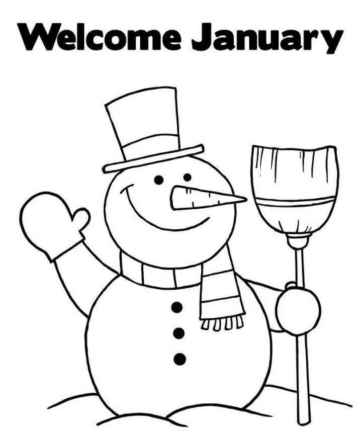 Dibujo de Mueco de Nieve Bienvenido Enero para Colorear