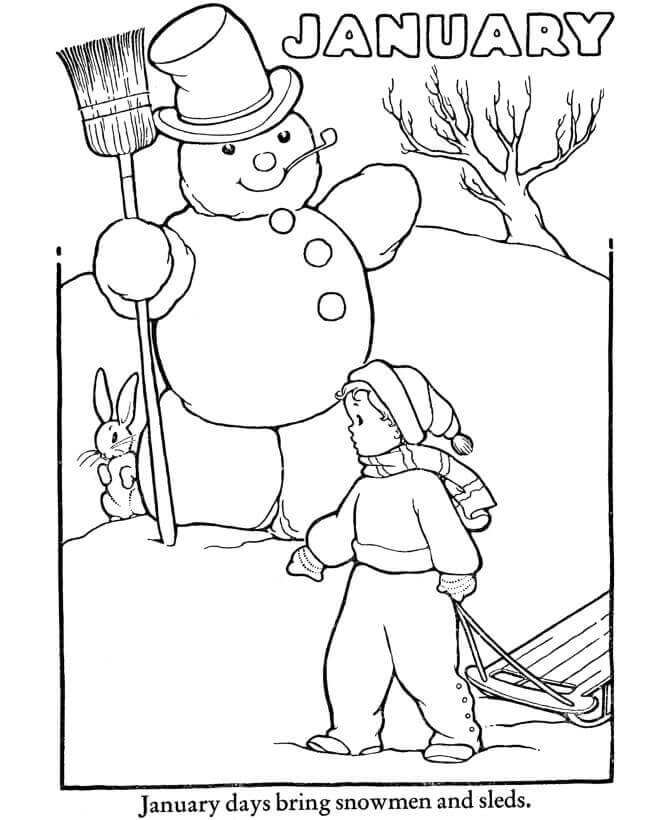 Dibujo de Mueco de Nieve de Enero para Colorear