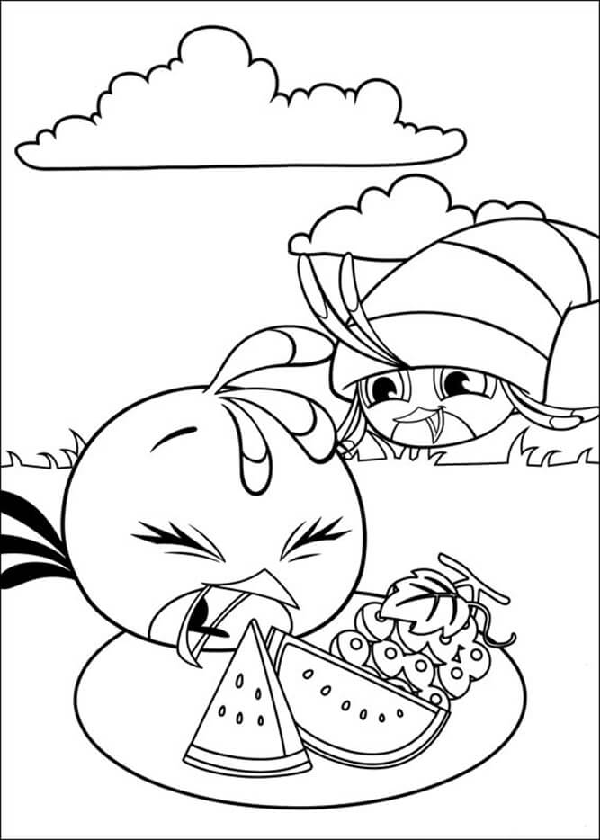 Dibujo de Enfadada Aves Stella Comiendo sandía para Colorear