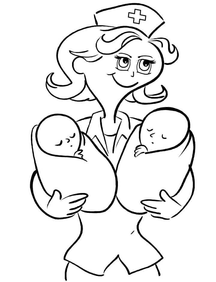 Dibujo de Enfermera Abraza a Dos bebés para Colorear