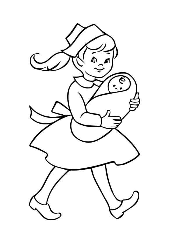 Dibujo de Enfermera Abrazar bebé y Caminar para Colorear