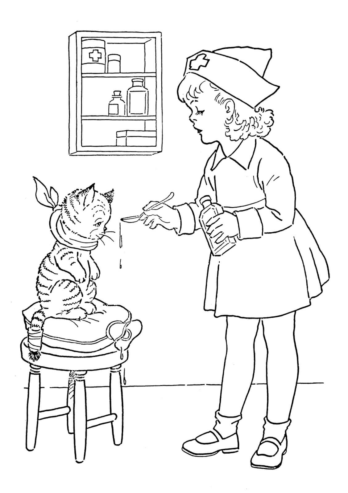 Dibujo de Enfermera Dando Medicina al Gato para Colorear