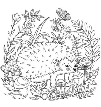 Dibujo de Lindo Erizo con Hojas y Flores para Colorear
