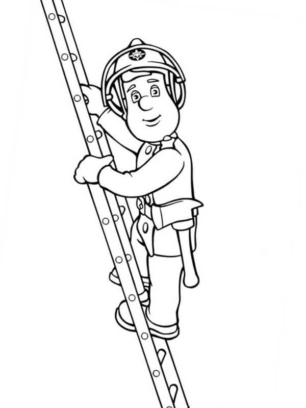 Dibujo de Sam el Bombero Subiendo la Escalera para Colorear