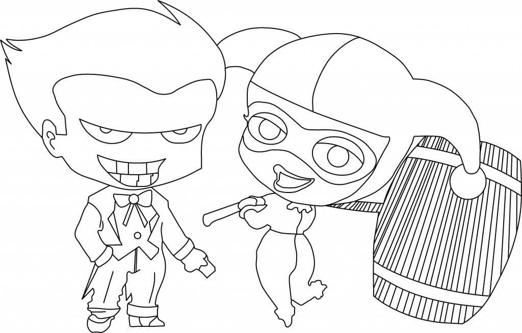 Dibujo de Chibi Dibujos Animados Harley Quinn y Joker para Colorear