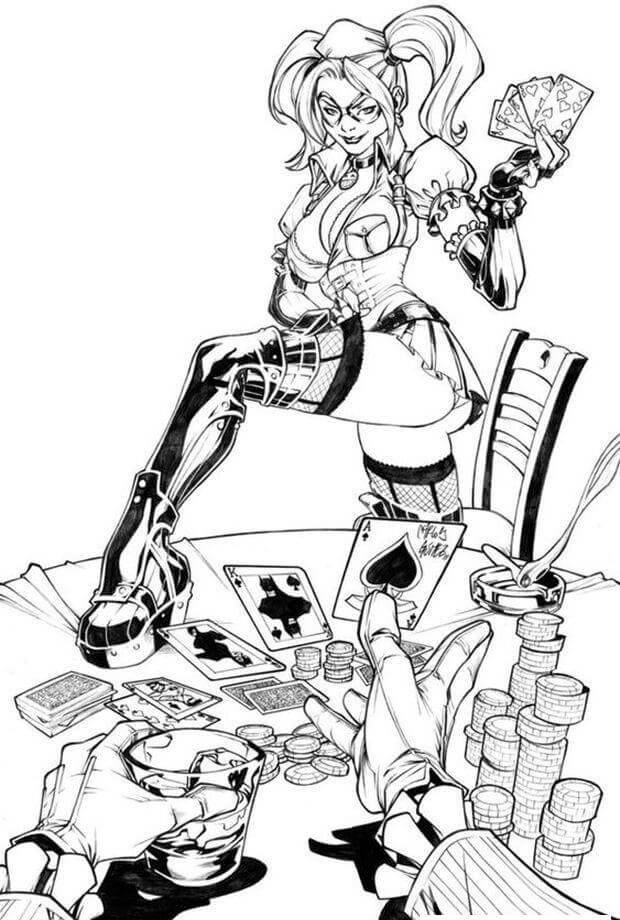 Dibujo de Harley Quinn Juega a las Cartas para Colorear