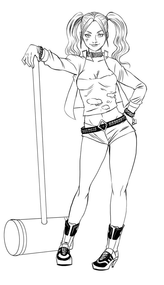 Dibujo de Harley Quinn Sosteniendo un Martillo para Colorear