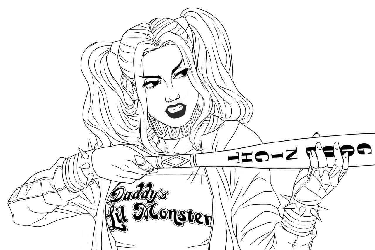 Dibujo de Harley Quinn Sosteniendo un Bate de Bisbol para Colorear