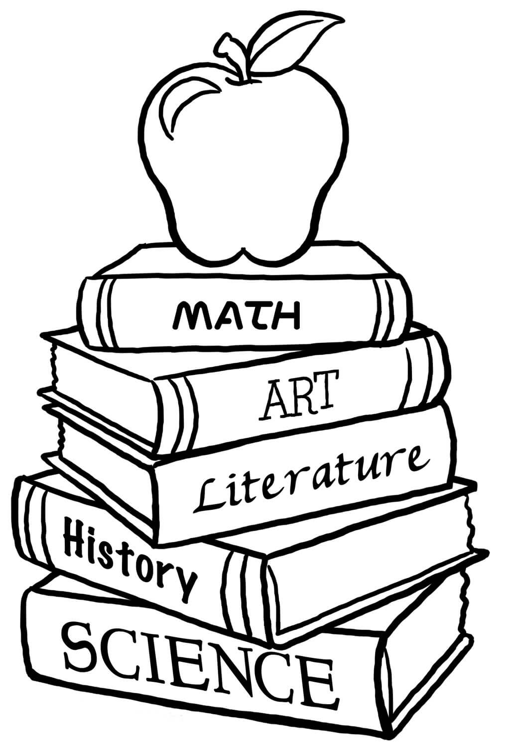 Dibujo de Apple en una Pila de Libros en la Escuela para Colorear