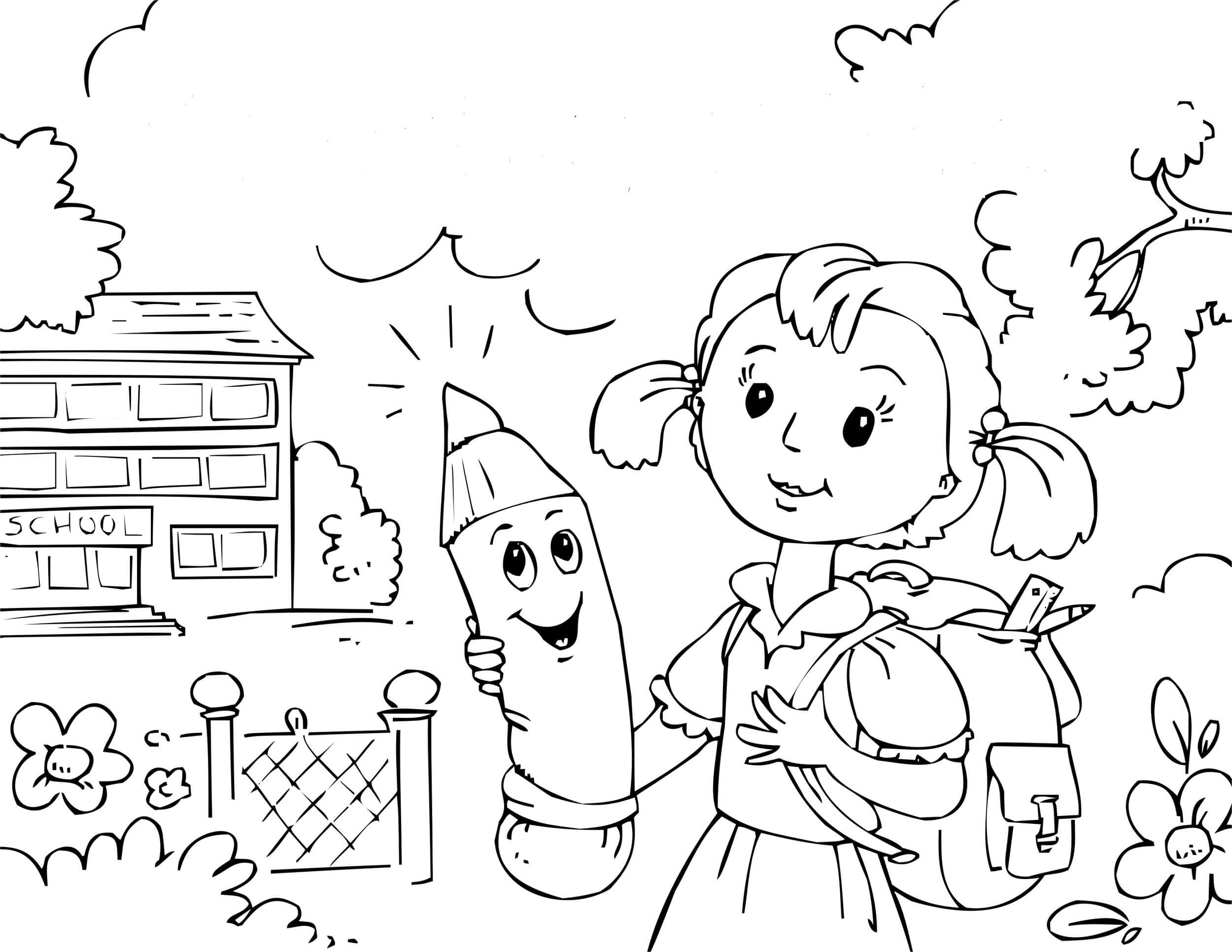 Dibujo de Chica Sosteniendo un lápiz Felizmente Va a la Escuela para Colorear