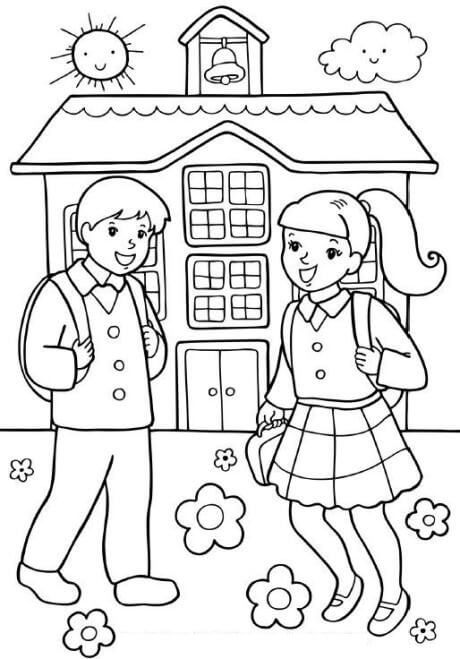 Dibujo de Chica y Chico en la Escuela para Colorear