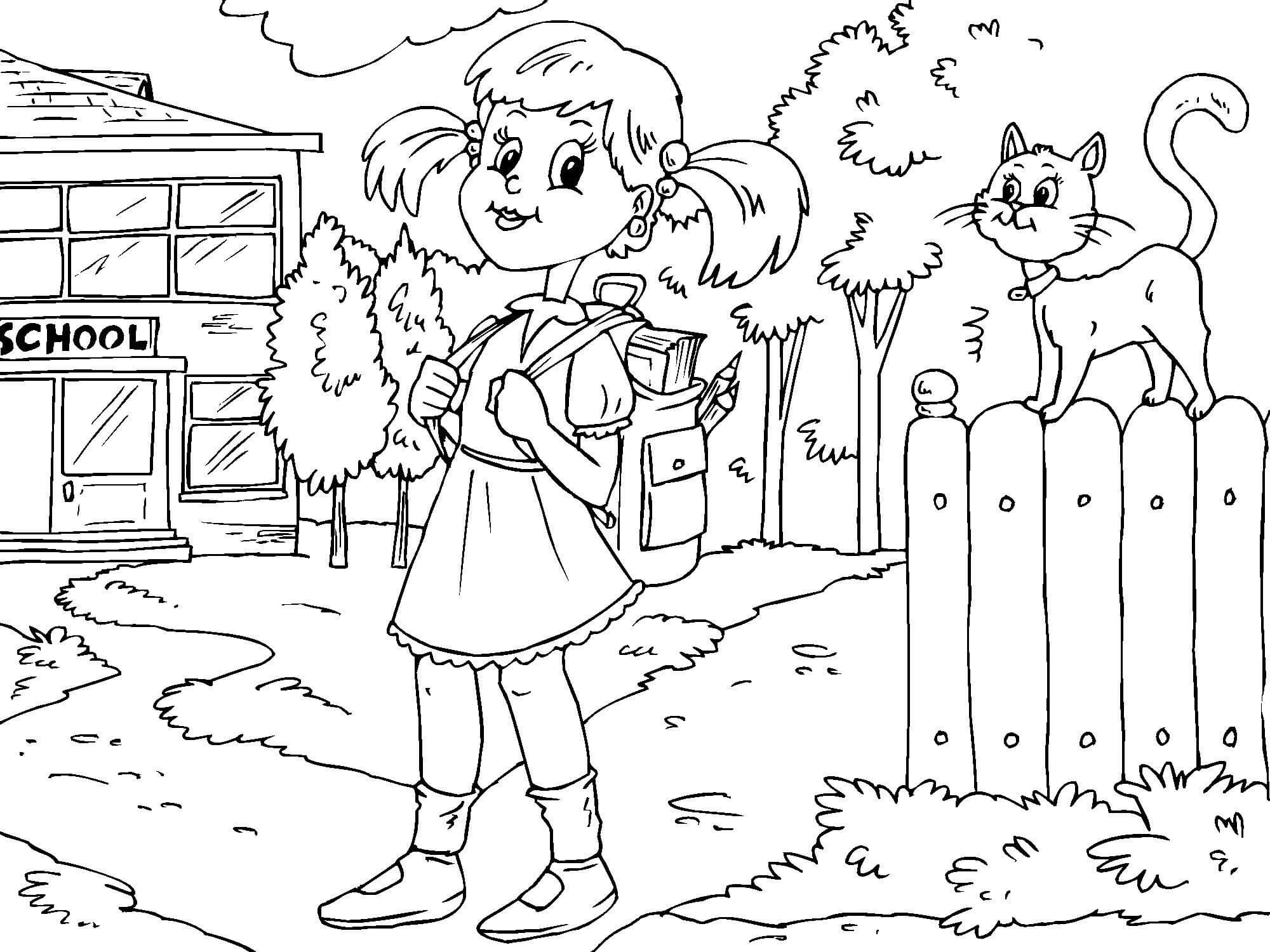 Dibujo de Chica y Gato en la Escuela para Colorear