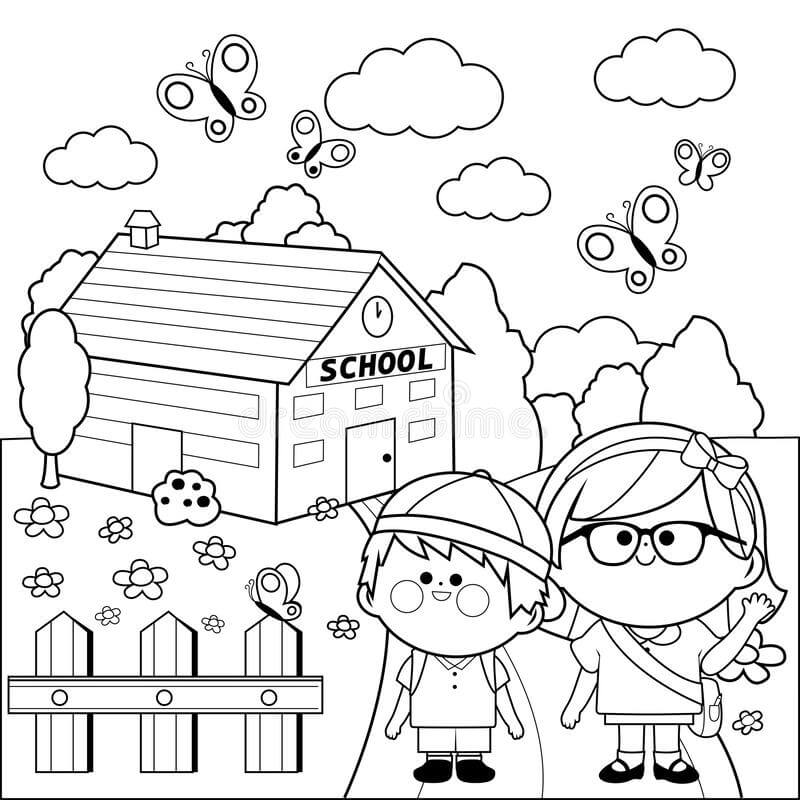 Dibujo de Dos niños Van a la Escuela para Colorear