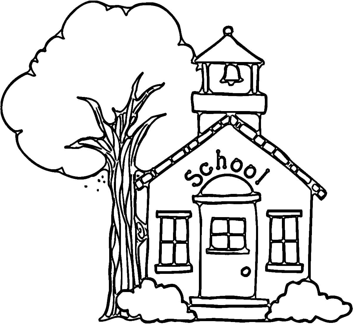 Dibujo de Escuela con árbol para Colorear