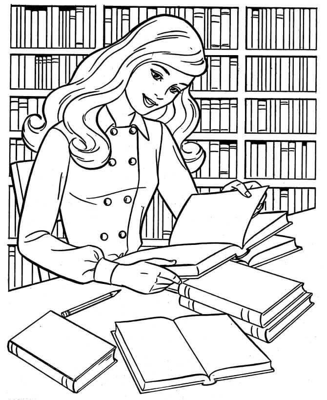 Dibujo de Niña Leyendo un Libro en la Biblioteca Escolar para Colorear