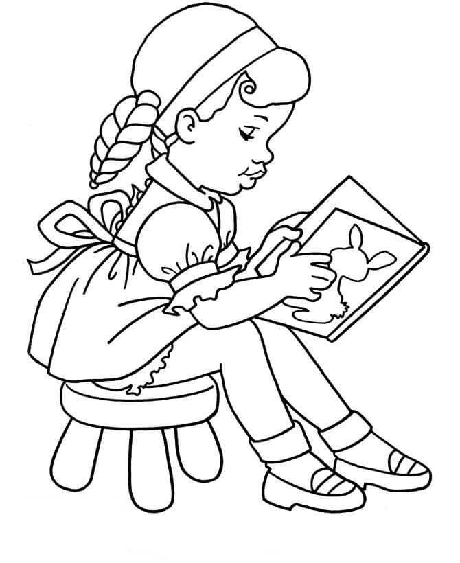 Dibujo de Niña Leyendo un Libro en la Escuela para Colorear