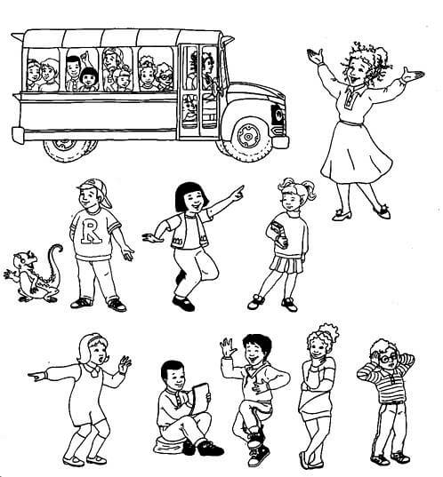 Dibujo de Nios y Autobs Escolar Hermoso para Colorear