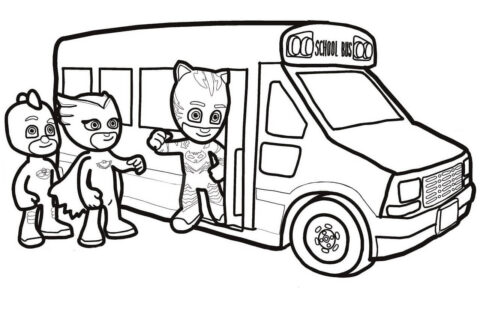 Dibujo de Pj Masks Van al Autobs Escolar para Colorear