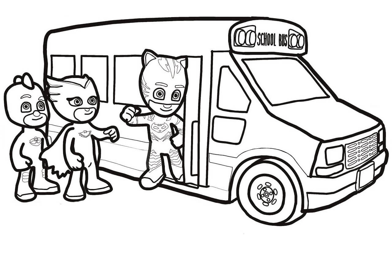 Dibujo de Pj Masks Van al Autobs Escolar para Colorear