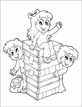 Dibujo de Tres niños con Grandes Libros en la Escuela Scaled para Colorear