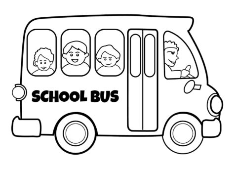 Dibujo de Tres Nios en Autobs Escolar para Colorear