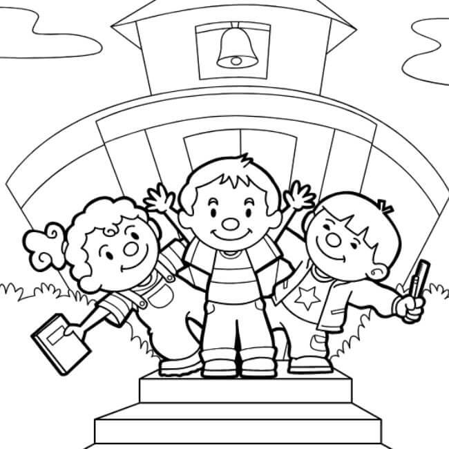 Dibujo de Tres niños de Regreso a la Escuela para Colorear