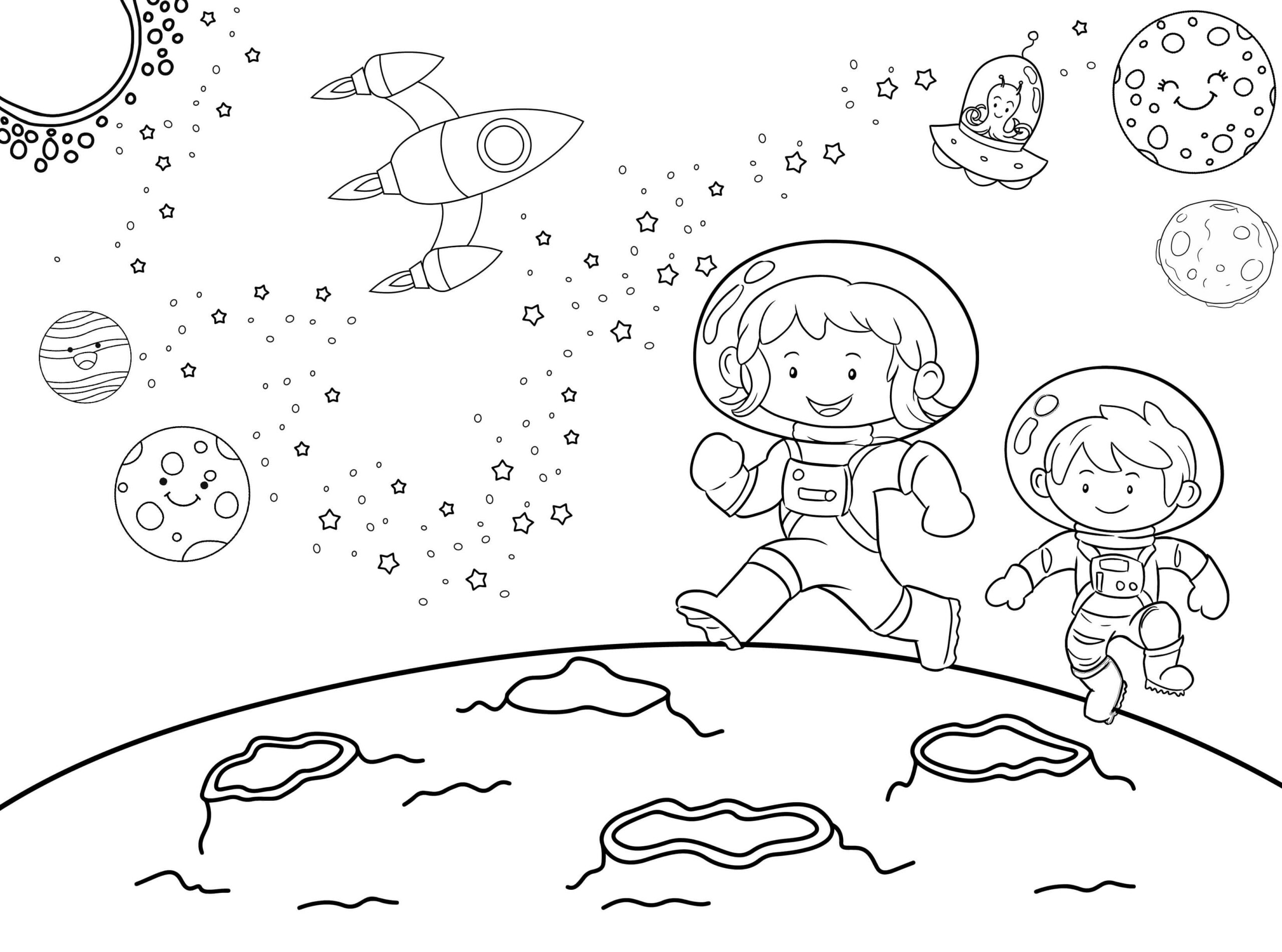 Dibujo de Astronauta Cohete Espacial Espacio Ultraterrestre Scaled para Colorear
