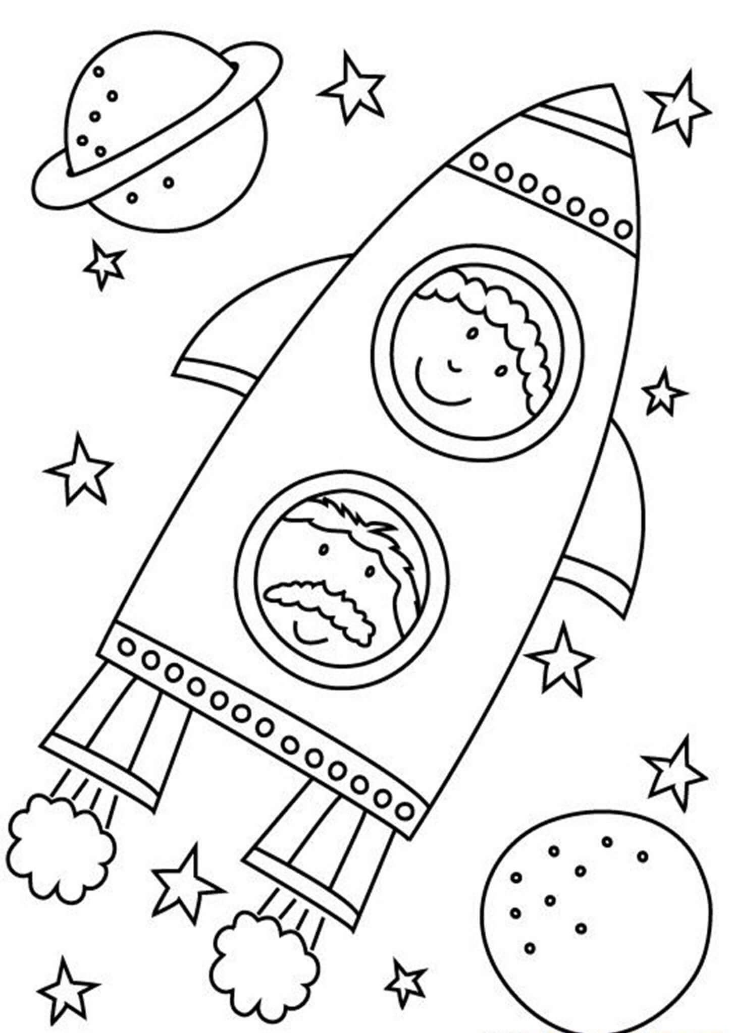 Dibujo de Cohete y Dos Planetas en el Espacio para Colorear