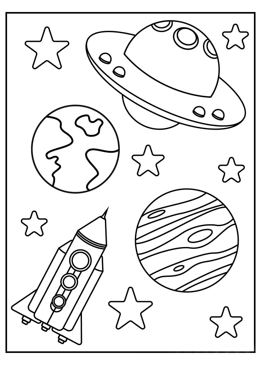 Dibujo de Nave Espacial Ovni Dos Planetas y Estrellas para Colorear