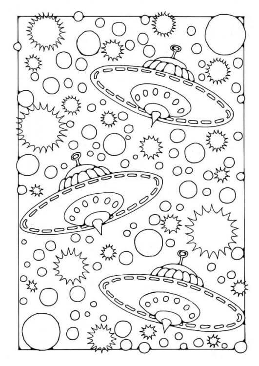 Dibujo de Tres Ovnis en el Espacio para Colorear
