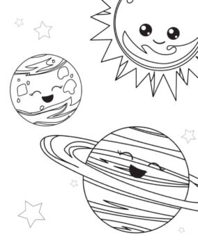Dibujo de Tres Planetas Divertidos en el Espacio para Colorear