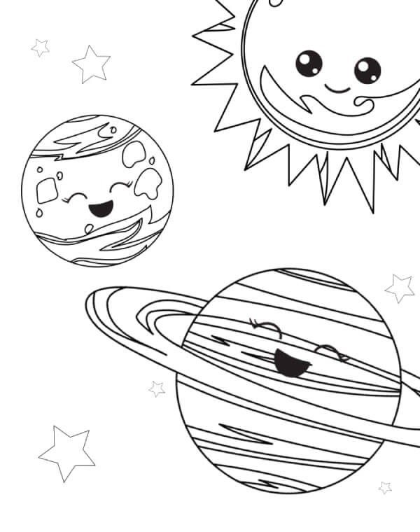 Dibujo de Tres Planetas Divertidos en el Espacio para Colorear