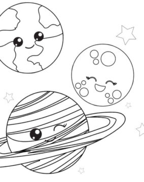 Dibujo de Tres Planetas Sonriendo en el Espacio para Colorear