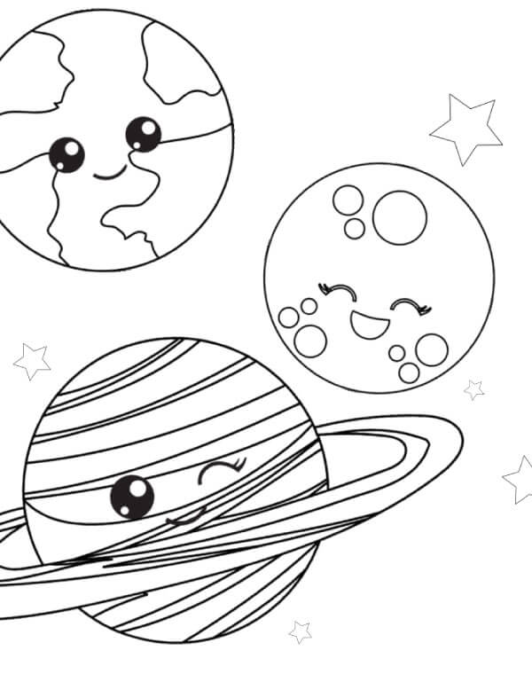 Dibujo de Tres Planetas Sonriendo en el Espacio para Colorear