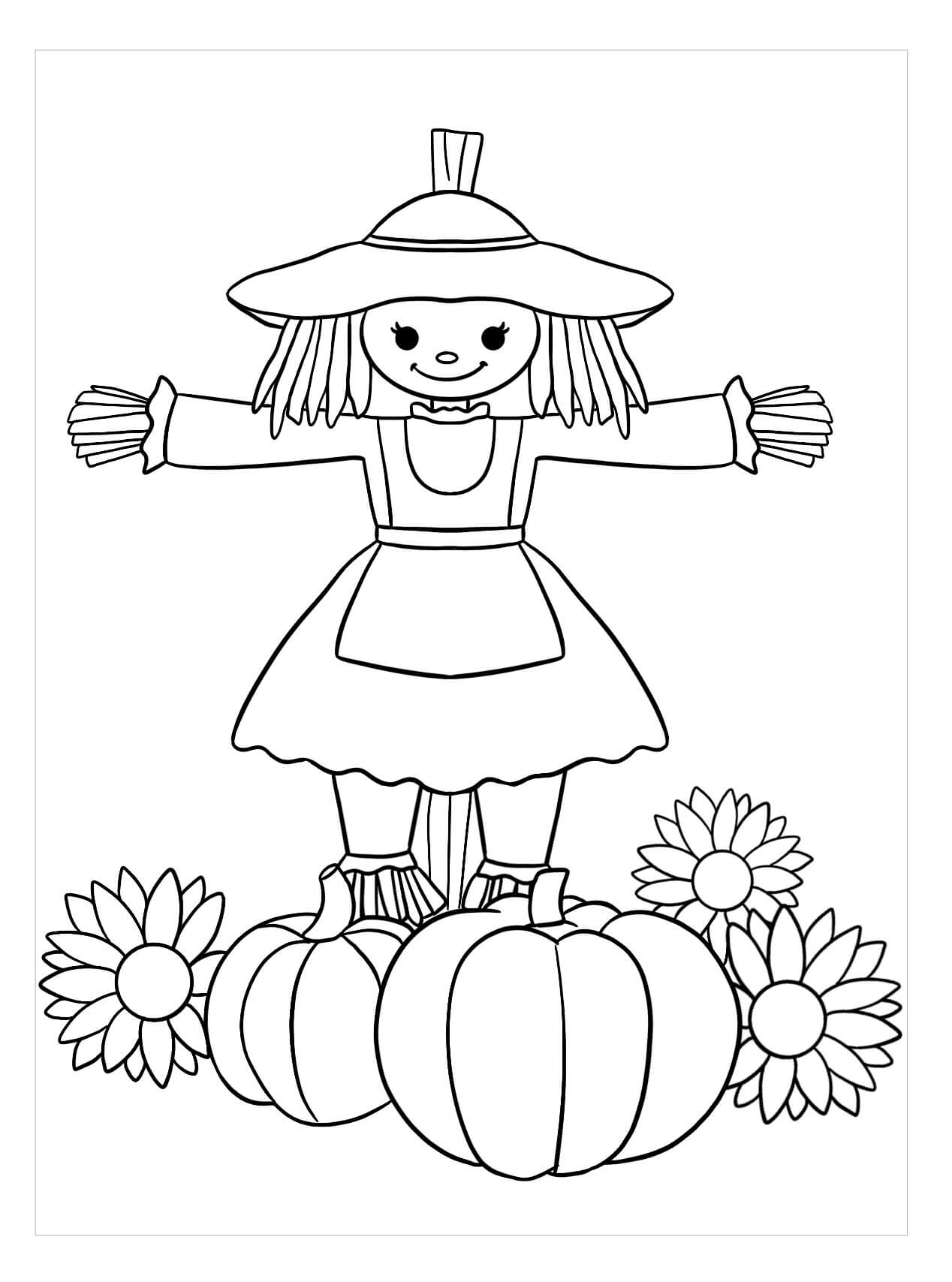 Dibujo de Espantapjaros Nia con Calabaza y Flor para Colorear