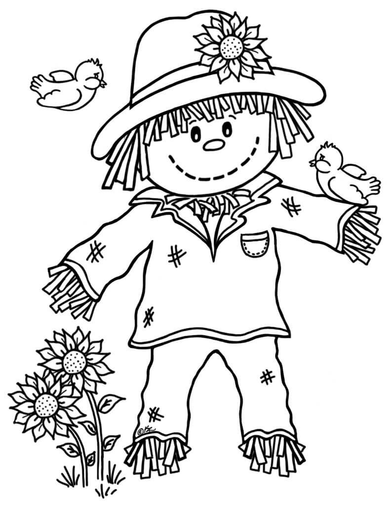 Dibujo de Espantapjaros Sonriendo con Dos Pjaros para Colorear