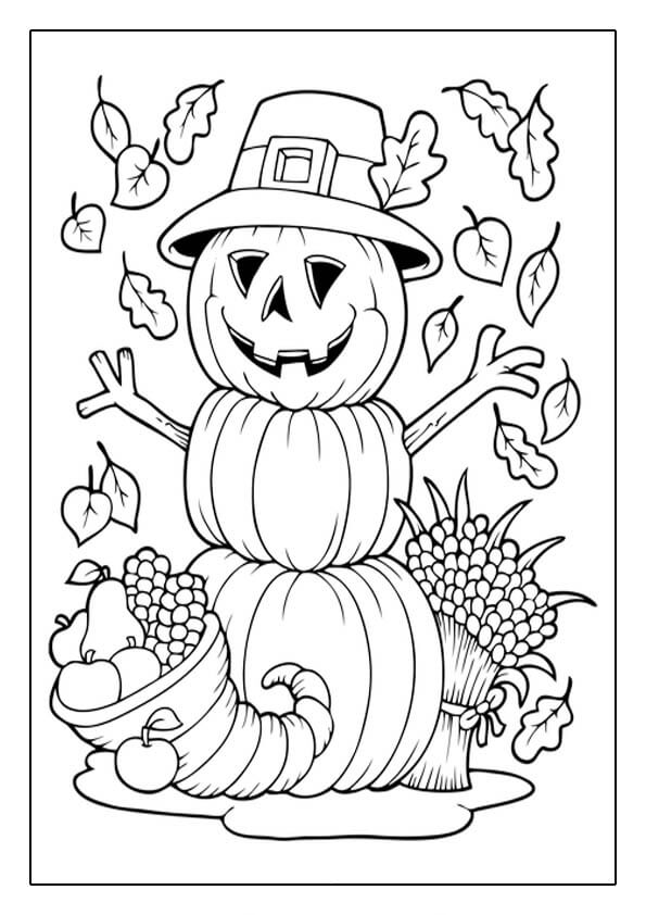 Dibujo de Espantapjaros de Calabaza con Hoja para Colorear