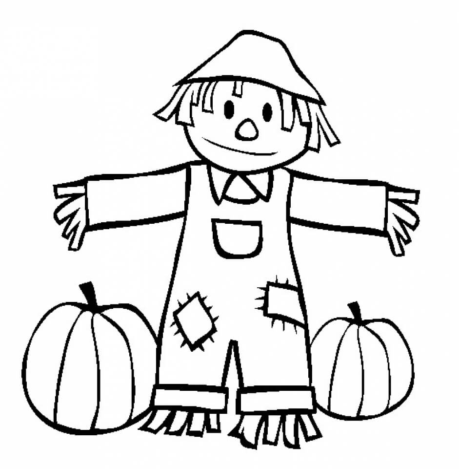 Dibujo de Espantapjaros y Dos Calabazas para Colorear