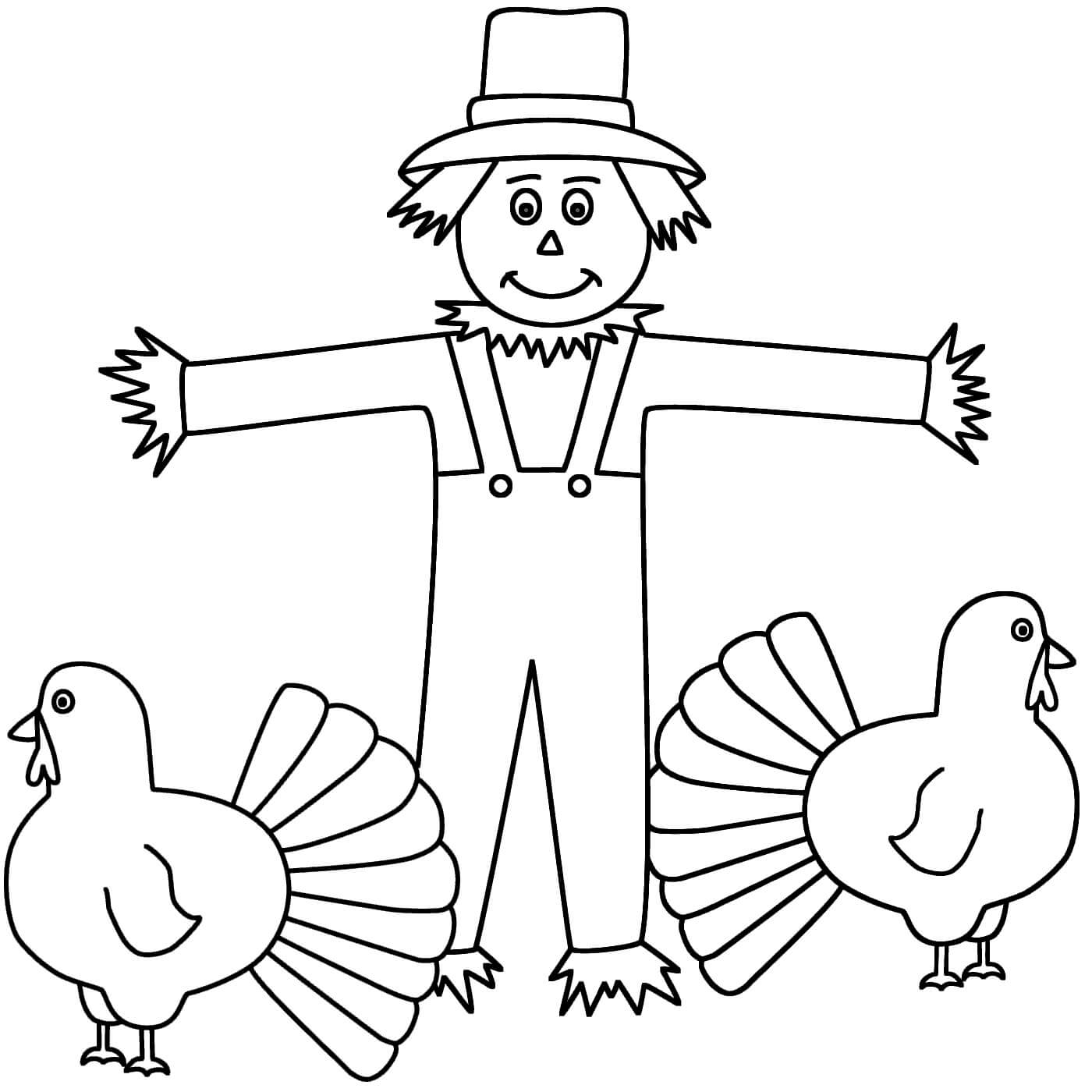 Dibujo de Espantapjaros y Dos Pollos para Colorear
