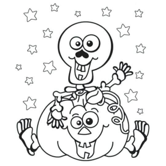 Dibujo de Esqueleto de Dibujos Animados con Calabaza para Colorear