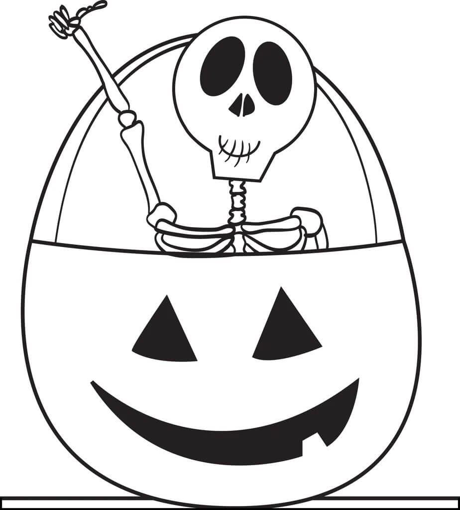 Dibujo de Esqueleto en Bolsa Calabaza para Colorear