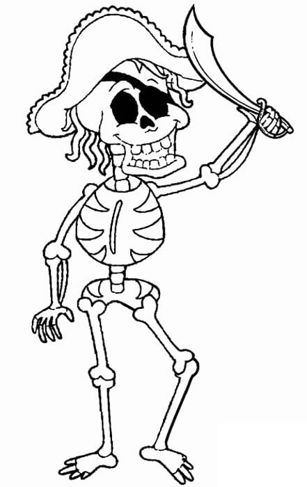 Dibujo de Esqueleto Pirata Divertido con Espada para Colorear