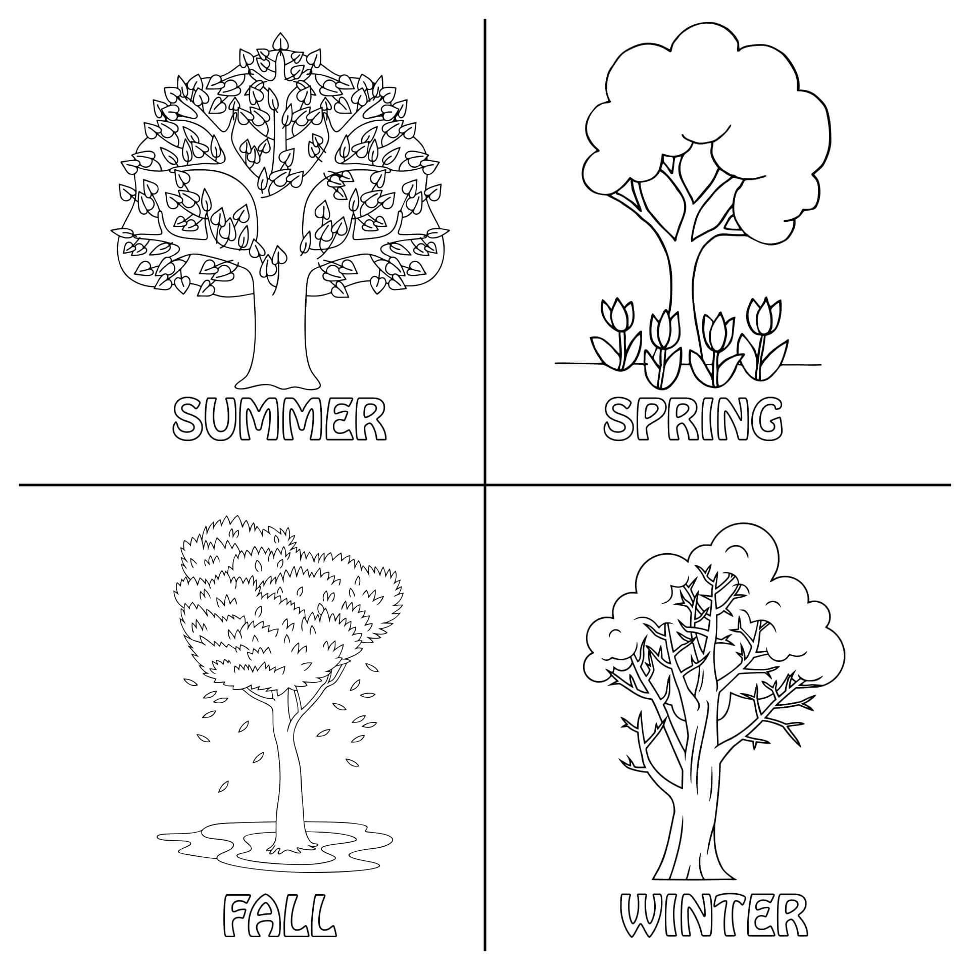 Dibujo de Árbol de las Cuatro Estaciones para Colorear