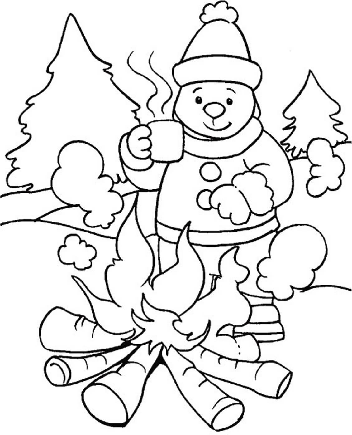 Dibujo de Campamento de Hombre y Bombero en Invierno para Colorear