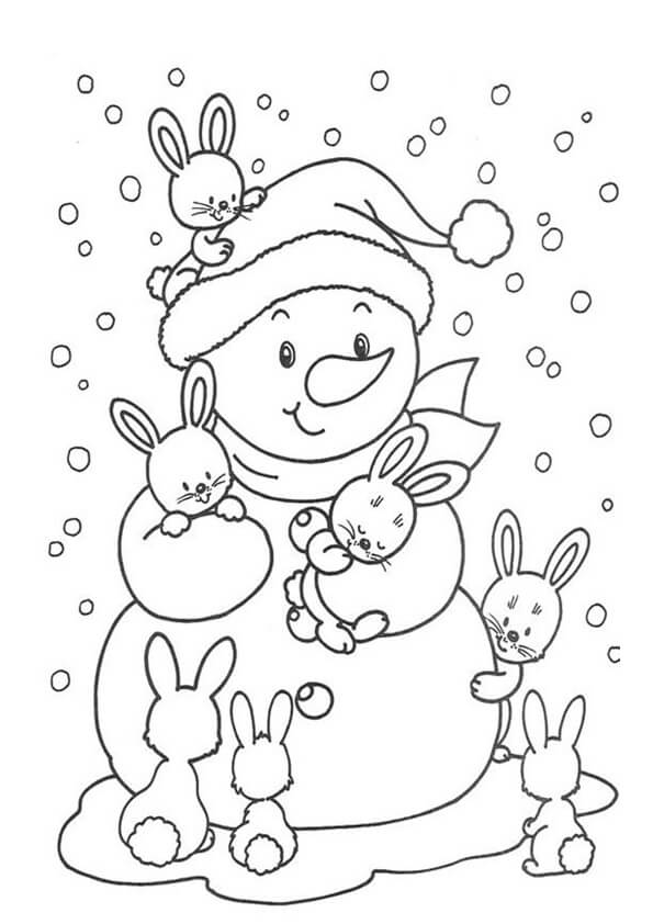 Dibujo de Conejo y Bola de Nieve en Invierno para Colorear