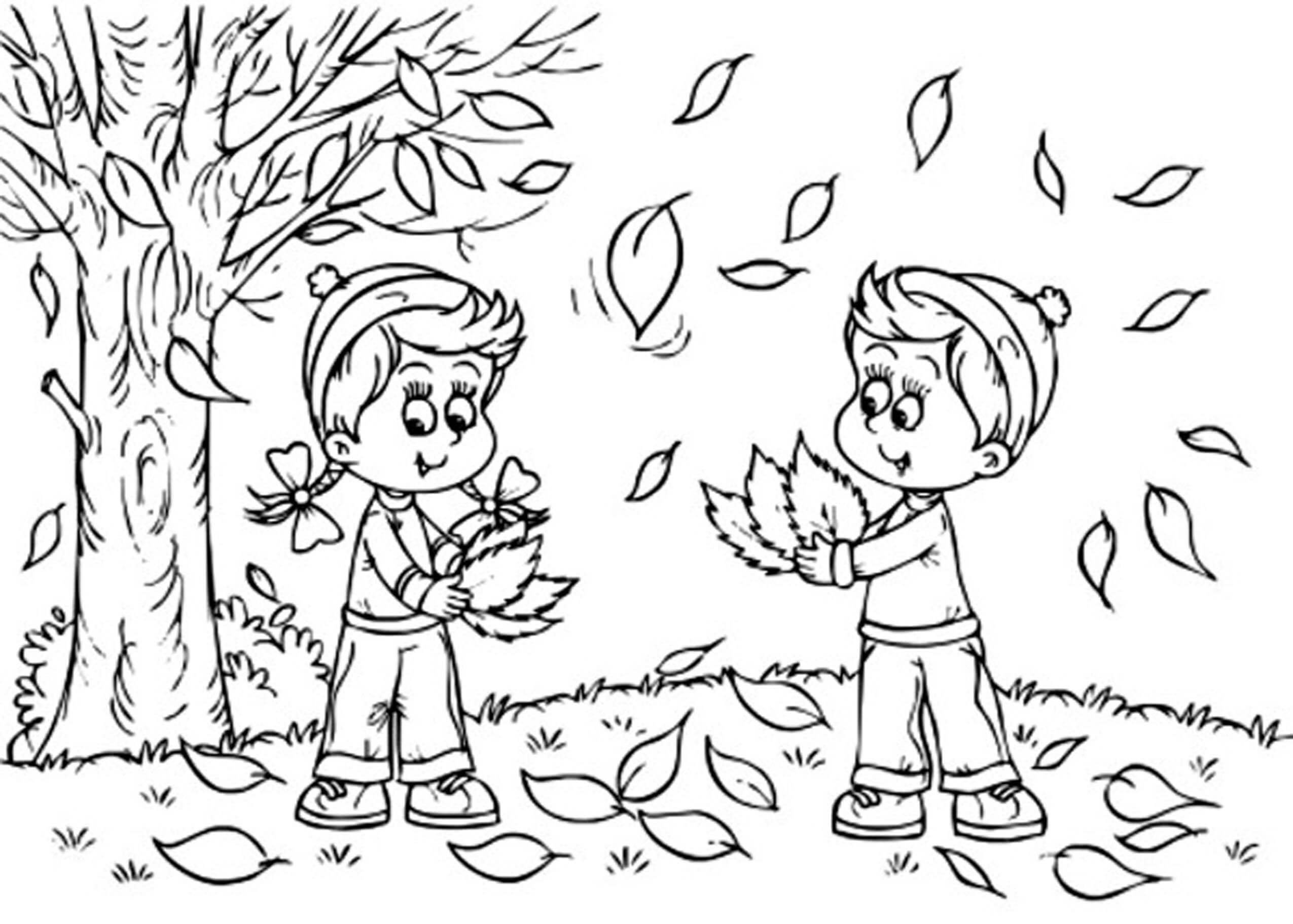 Dibujo de Dos niños Jugando con Hojas de otoño para Colorear